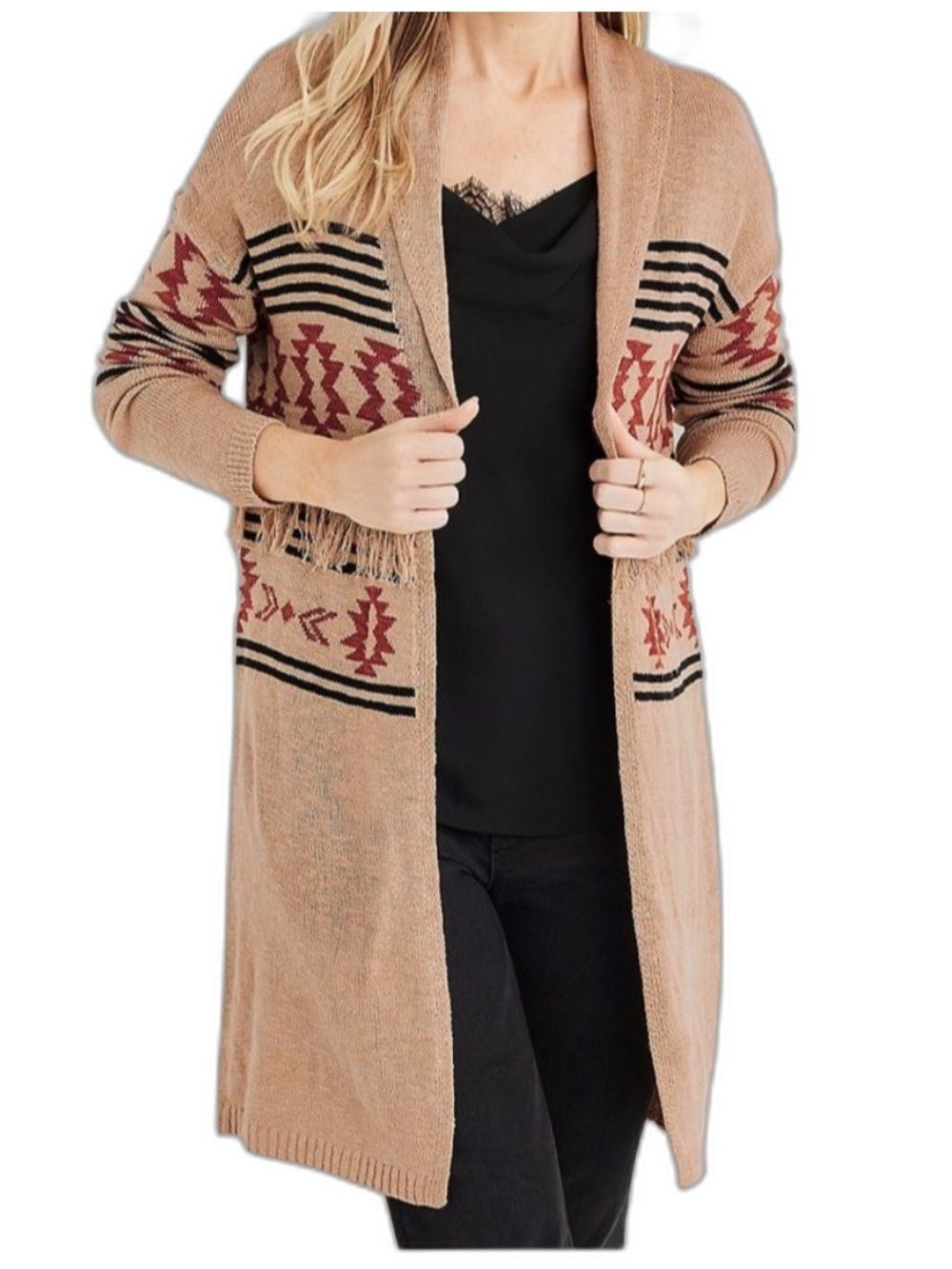 NWT MAURICES Geo Duster Fringe Aztec Cardigan Tan Medium